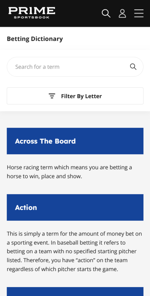 Prime Sportsbook Betting Dictionary Page - Mobile