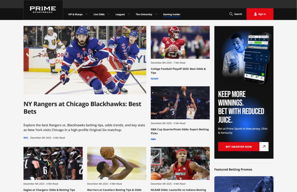 Prime Sportsbook Gaming Insider Page - Desktop