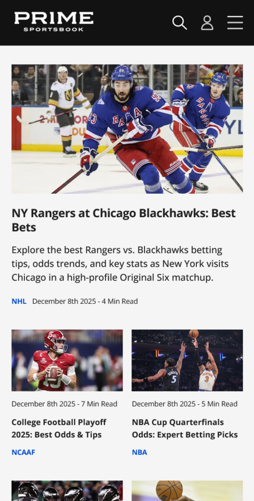 Prime Sportsbook Gaming Insider Page - Mobile