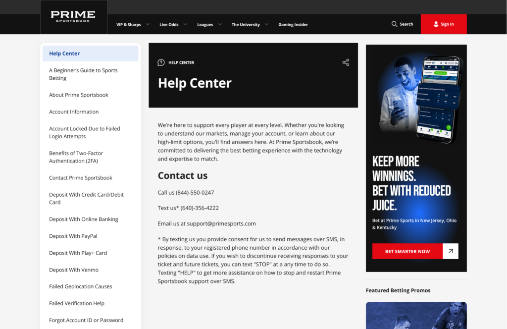 Prime Sportsbook Help Center Page - Desktop