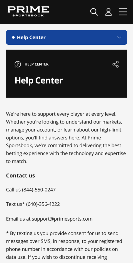 Prime Sportsbook Help Center Page - Mobile