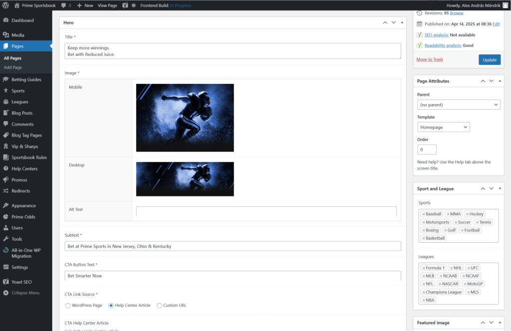 Prime Sportsbook Homepage Hero Settings Form - Desktop