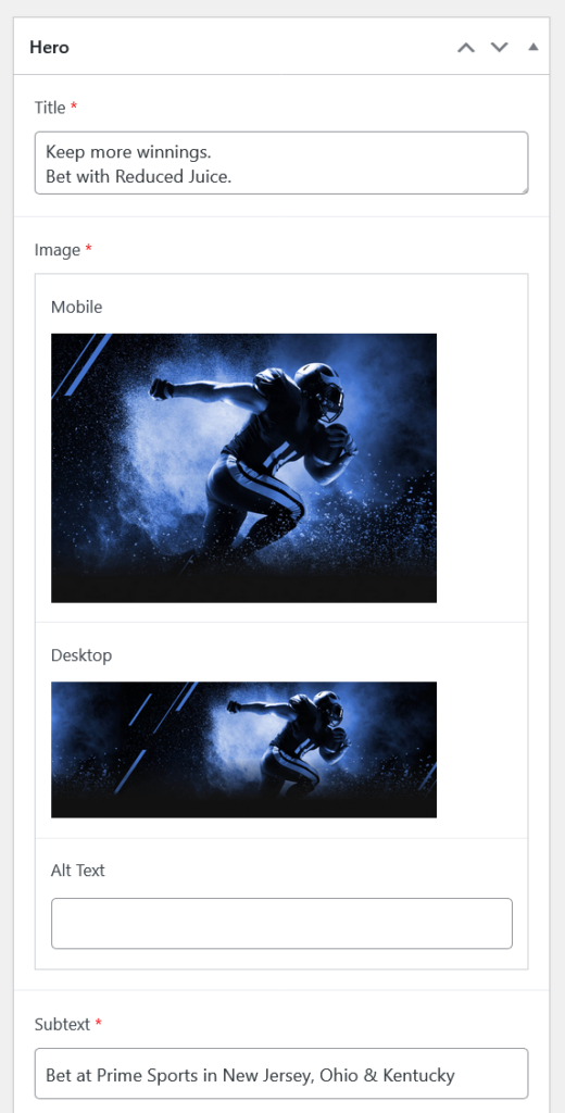 Prime Sportsbook Homepage Hero Settings Form - Mobile