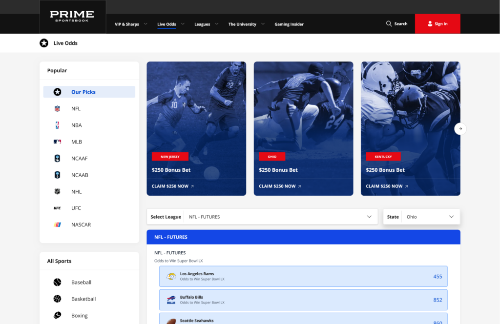 Prime Sportsbook Live Odds Page - Desktop