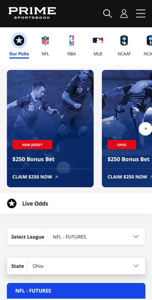 Prime Sportsbook Live Odds Page - Mobile