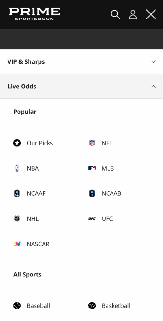 Prime Sportsbook Menu - Mobile