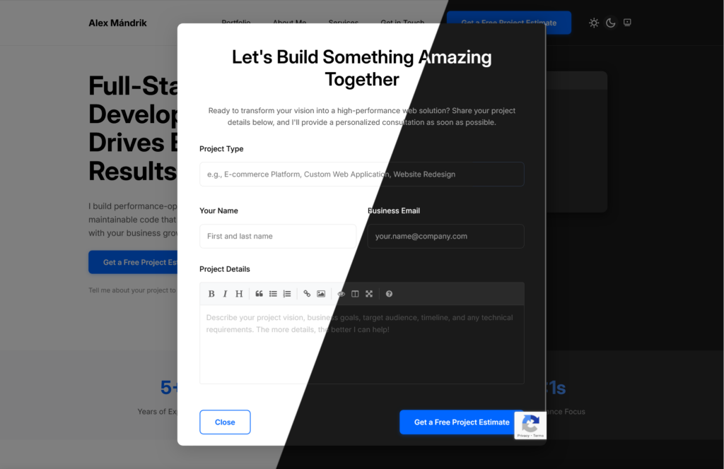 Portfolio Website Contact Modal Desktop