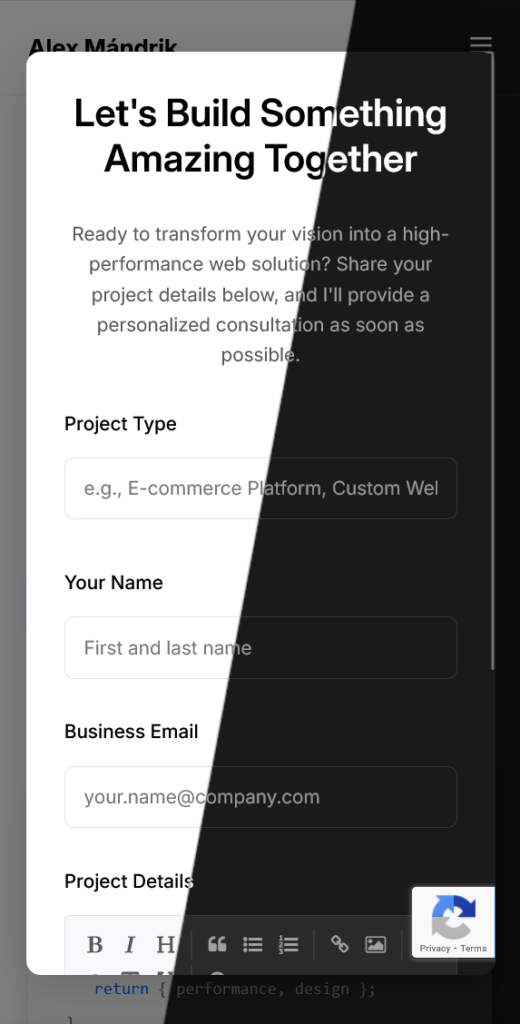 Portfolio Website Contact Modal Mobile