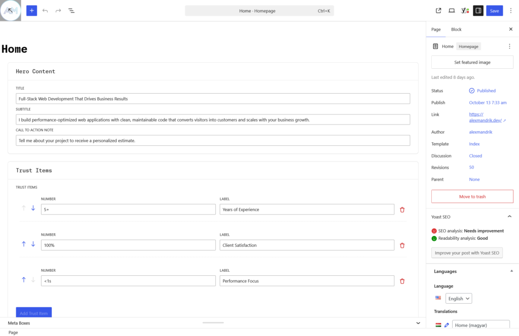 Portfolio Website Homepage Hero and Trust Items Block Edit Form Desktop