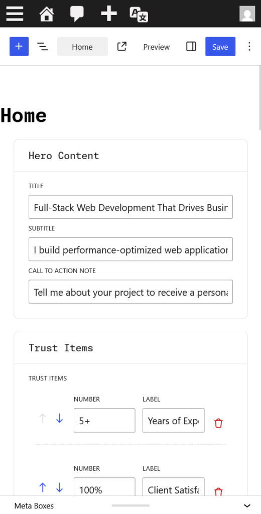 Portfolio Website Homepage Hero and Trust Items Block Edit Form Mobile