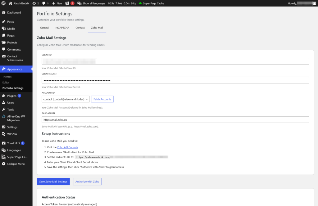Portfolio Website Theme Setting Zoho Mail Tab Desktop