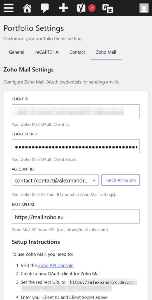 Portfolio Website Theme Setting Zoho Mail Tab Mobile